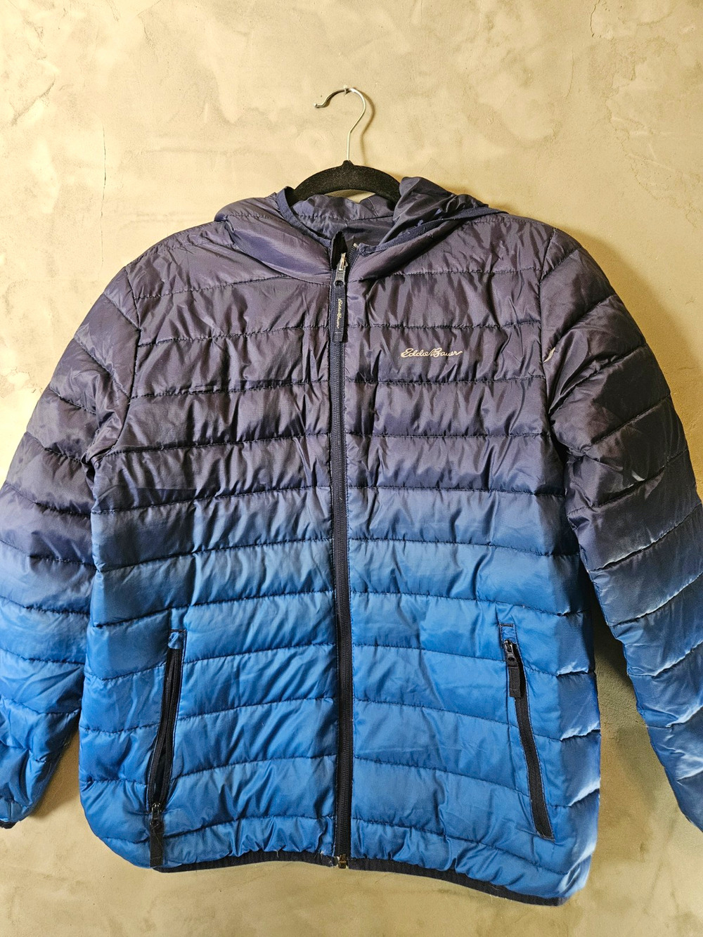 Eddie Bauer Kids Hooded Down Puffer Jacket Reversible Blue Full Zip L 14/16